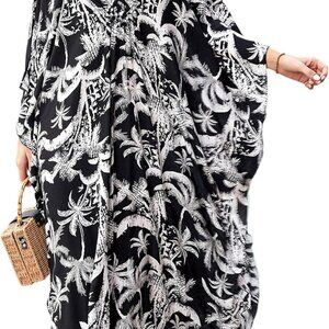 Plus Size Viscose Kaftan Dress Beach Cover Up V-Neck Batwing Sleeves
